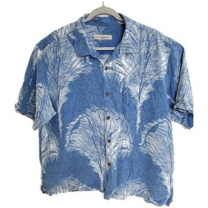 Tommy‎ Bahama Shirt Mens XL Blue White Silk Palm Leaf Hawaiian Button Up Camp